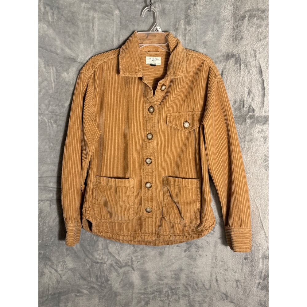 American Eagle Women Tan Corduroy Button Down Shirt Jacket Tan Camel Medium